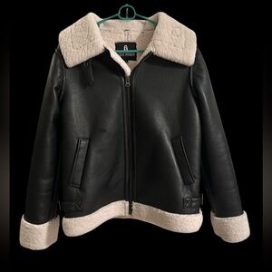 Faux Shearling Trim Faux Leather Biker Jacket